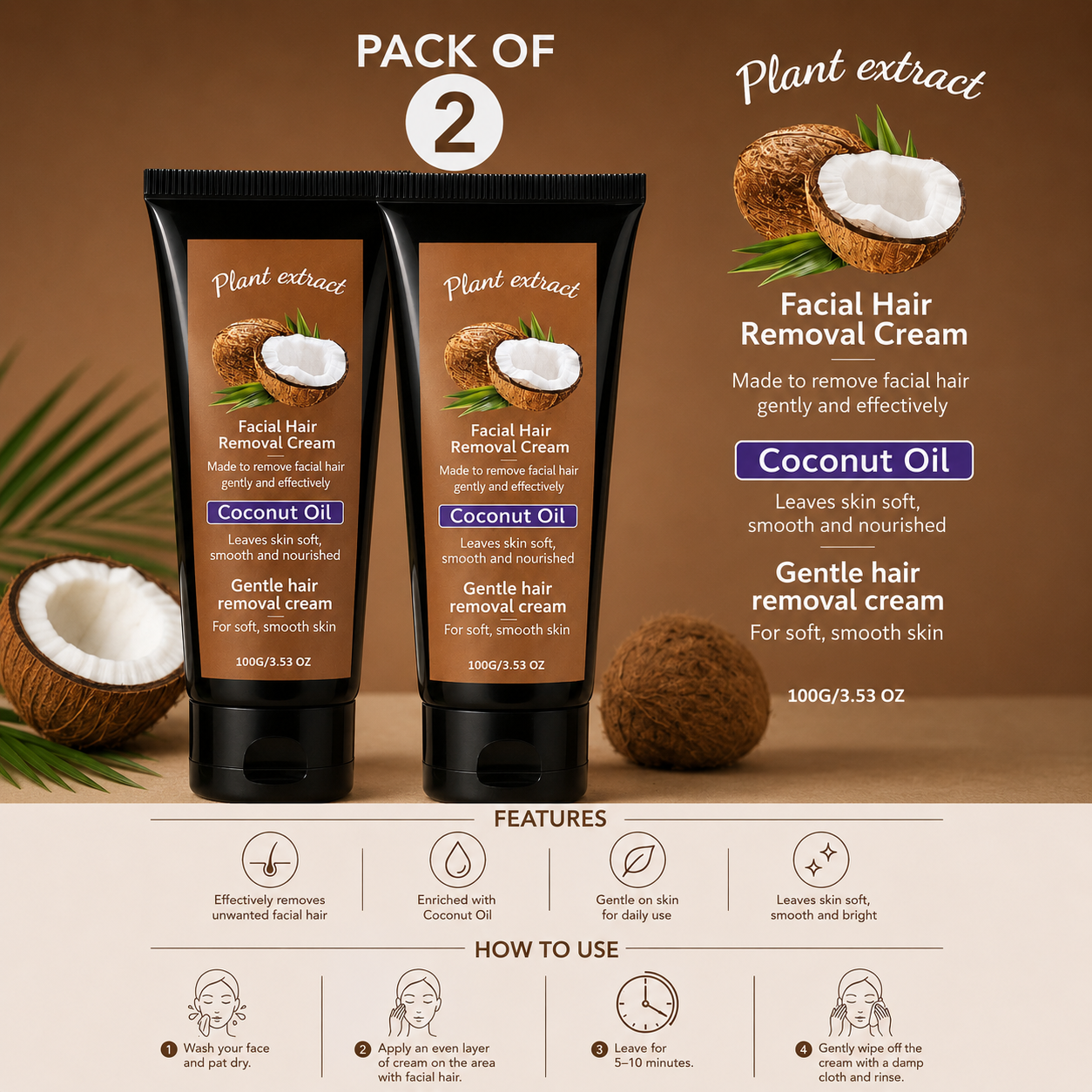 Coconut Facial Hair Removal Cream Pack Of 2