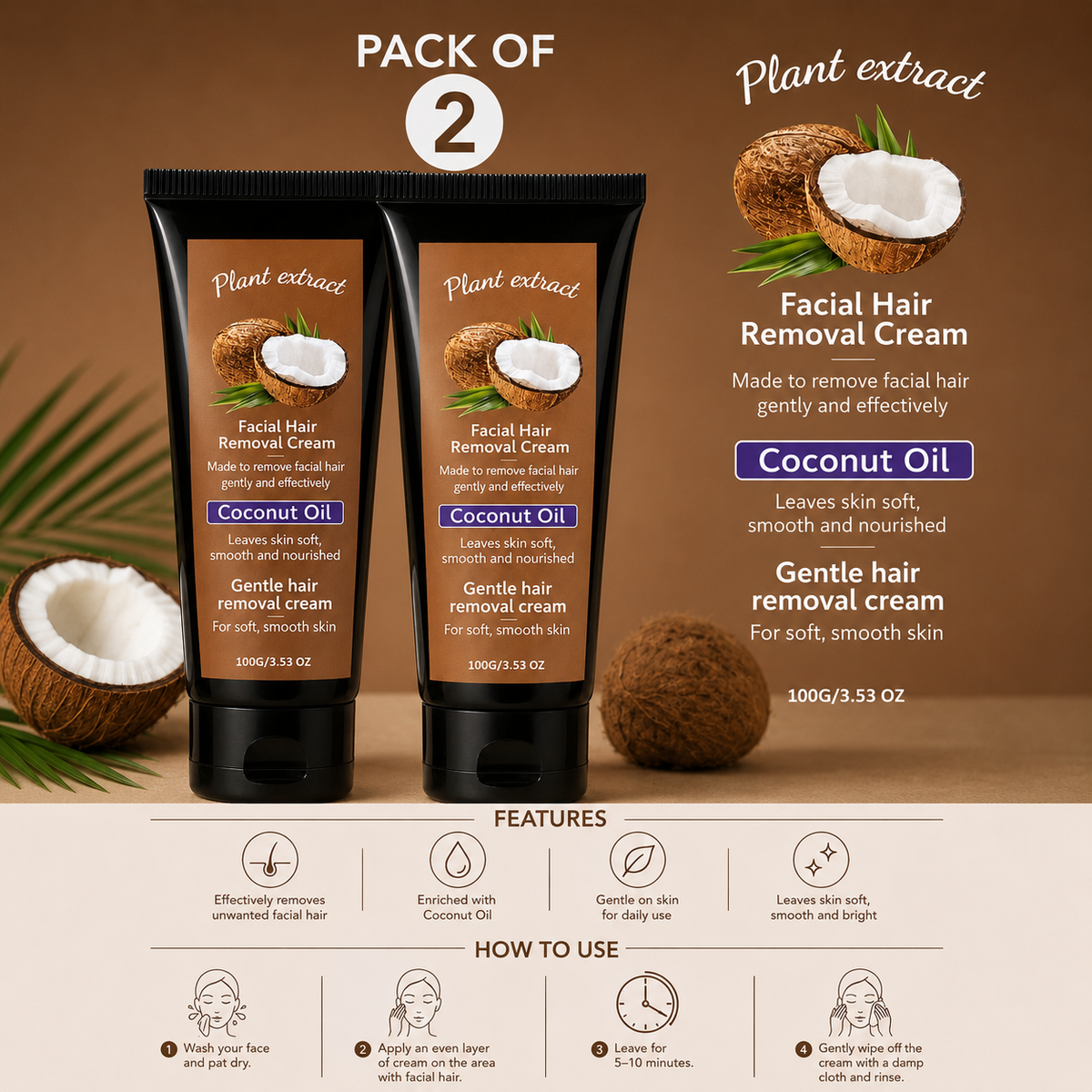 Coconut Facial Hair Removal Cream Pack Of 2