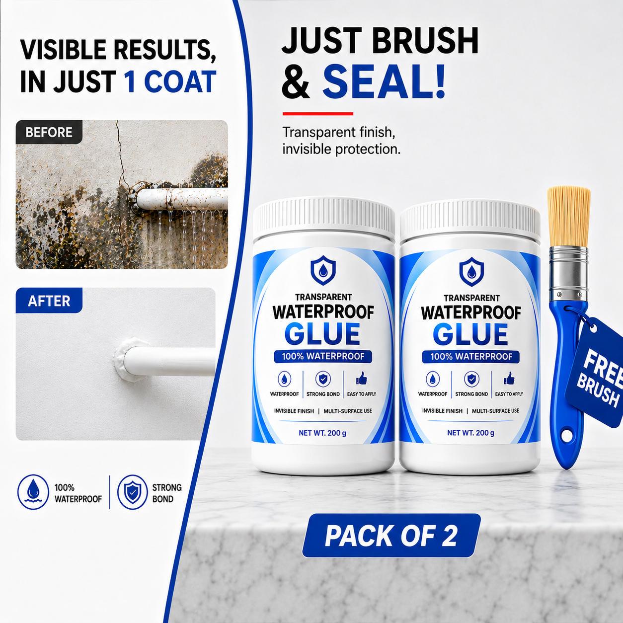 Transparent Waterproof Glue 200 gram each - Pack of 2 + Free Brush 🔥