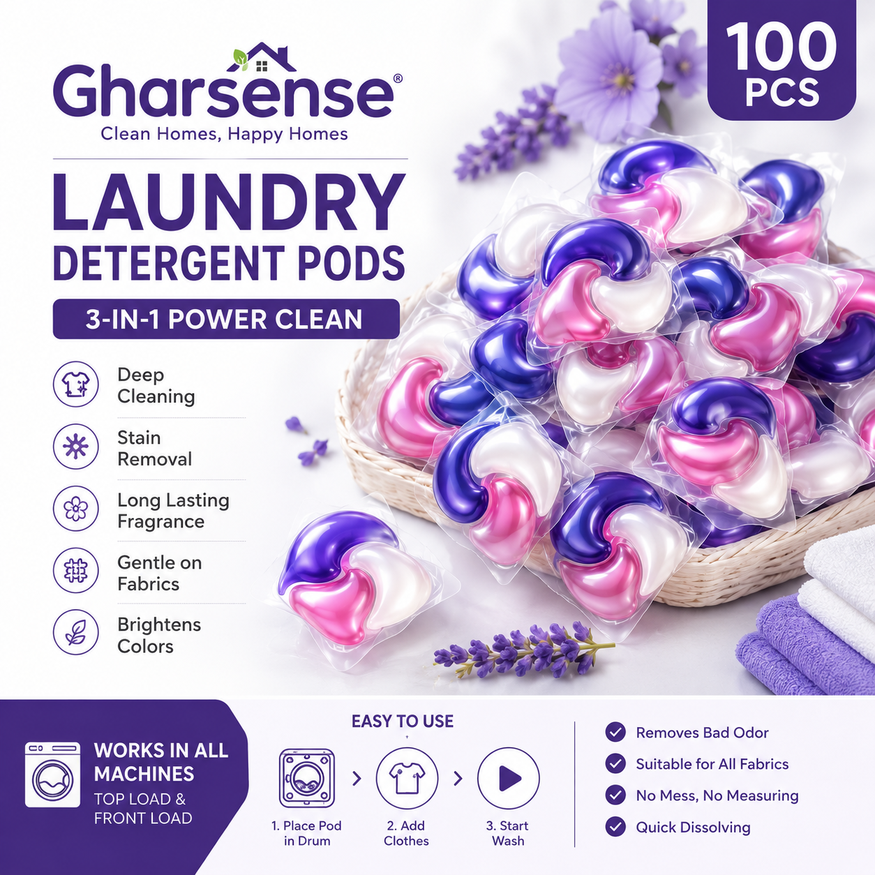 Gharsense Laundry Detergent Pods – 100pcs