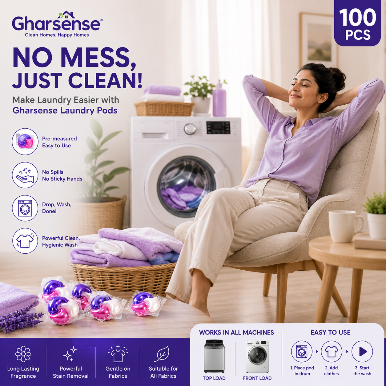 Gharsense Laundry Detergent Pods – 100pcs