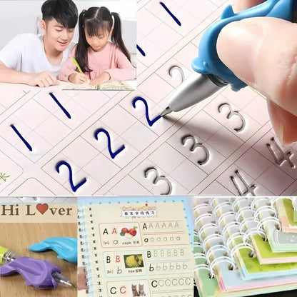 Magic Calligraphy Copybook Set Writing Tool for Kids (4 BOOKS,1 PEN, 1 GRIP, 10 REFILL)