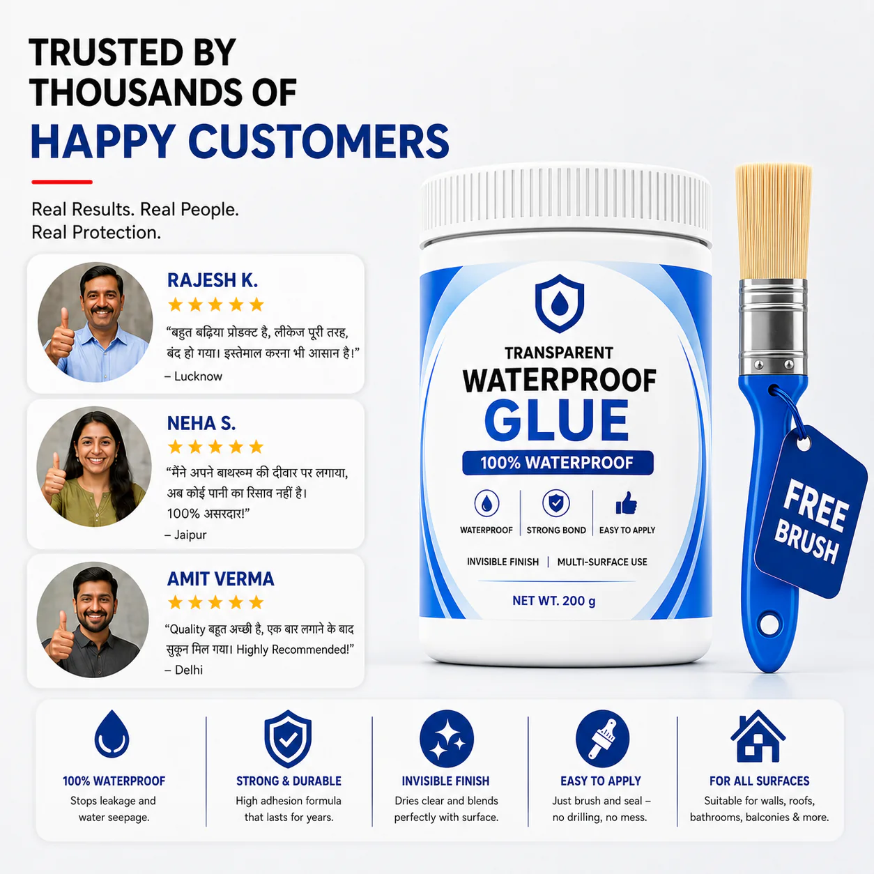 Transparent Waterproof Glue 200 gram each - Pack of 2 + Free Brush 🔥