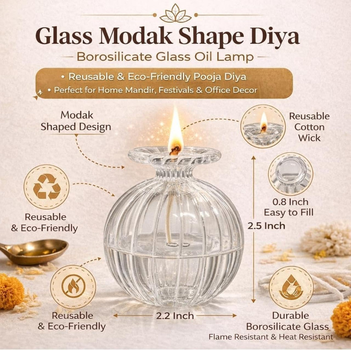 Gharsense Modak Glass Diya – Premium Oil Lamp