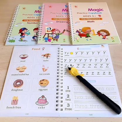 Magic Calligraphy Copybook Set Writing Tool for Kids (4 BOOKS,1 PEN, 1 GRIP, 10 REFILL)