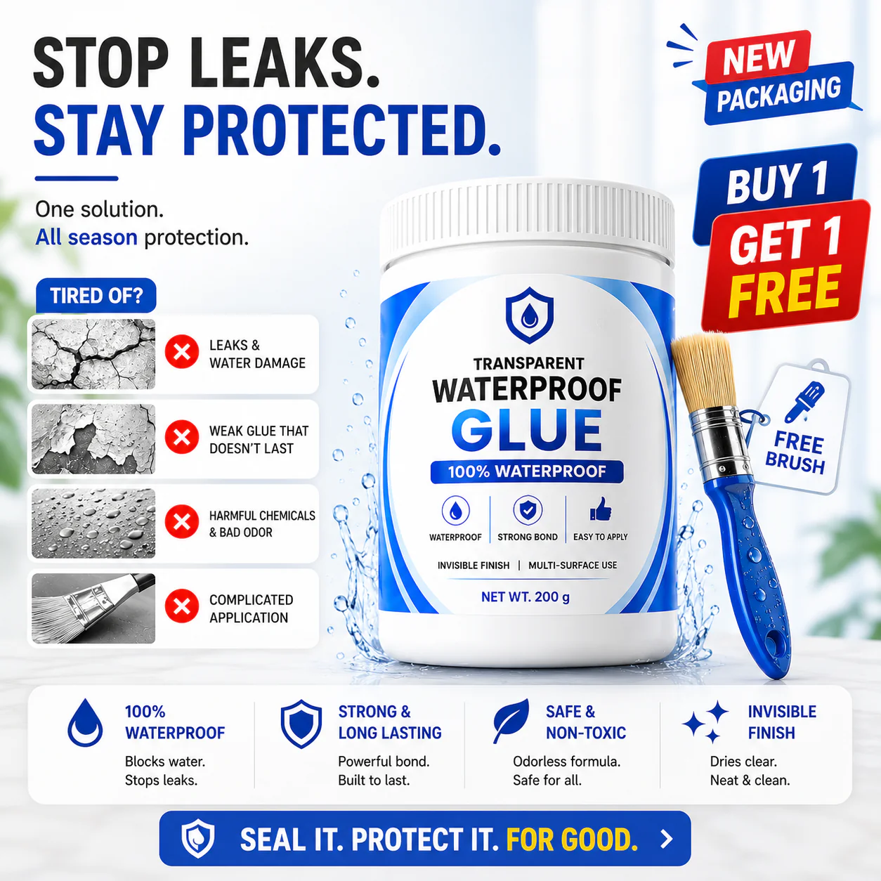Transparent Waterproof Glue 200 gram each - Pack of 2 + Free Brush 🔥