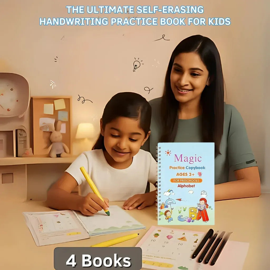 Magic Calligraphy Copybook Set Writing Tool for Kids (4 BOOKS,1 PEN, 1 GRIP, 10 REFILL)