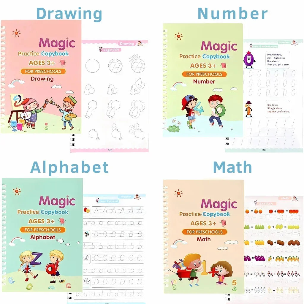 Magic Calligraphy Copybook Set Writing Tool for Kids (4 BOOKS,1 PEN, 1 GRIP, 10 REFILL)